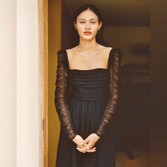 NWT Self-Portrait Crepe Dot Mesh Sleeved Midi Dress - Picture 12 of 16